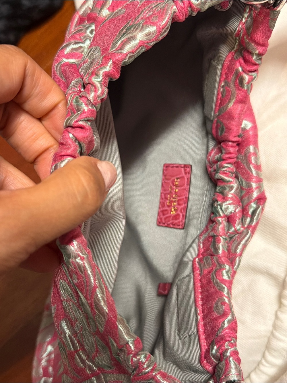 Kate Spade Pink Metallic Brocade Ruched handbag